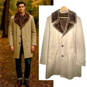 Huckberry Vintage M Faux Fur Lined Trench Coat Wide Lapel Long Jacket Tan